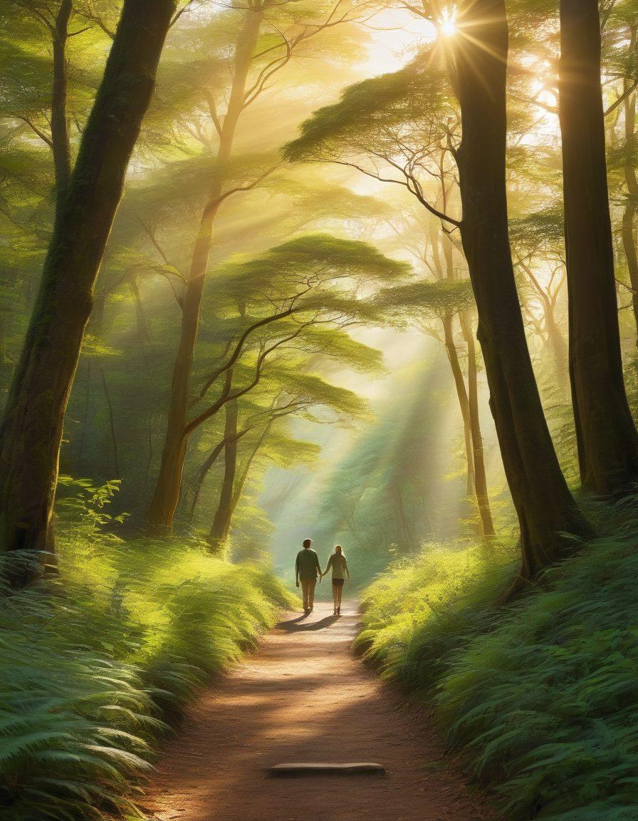 A serene pathway leading through an ancient forest, symbolizing the journey of reconnecting with one's roots. Alongside the path, two silhouettes represent a father and child, walking side by side as they share stories with a warm, golden light filtering through the trees. The scene evokes emotions of discovery, nostalgia, and connection. gentle colors. painterly style.