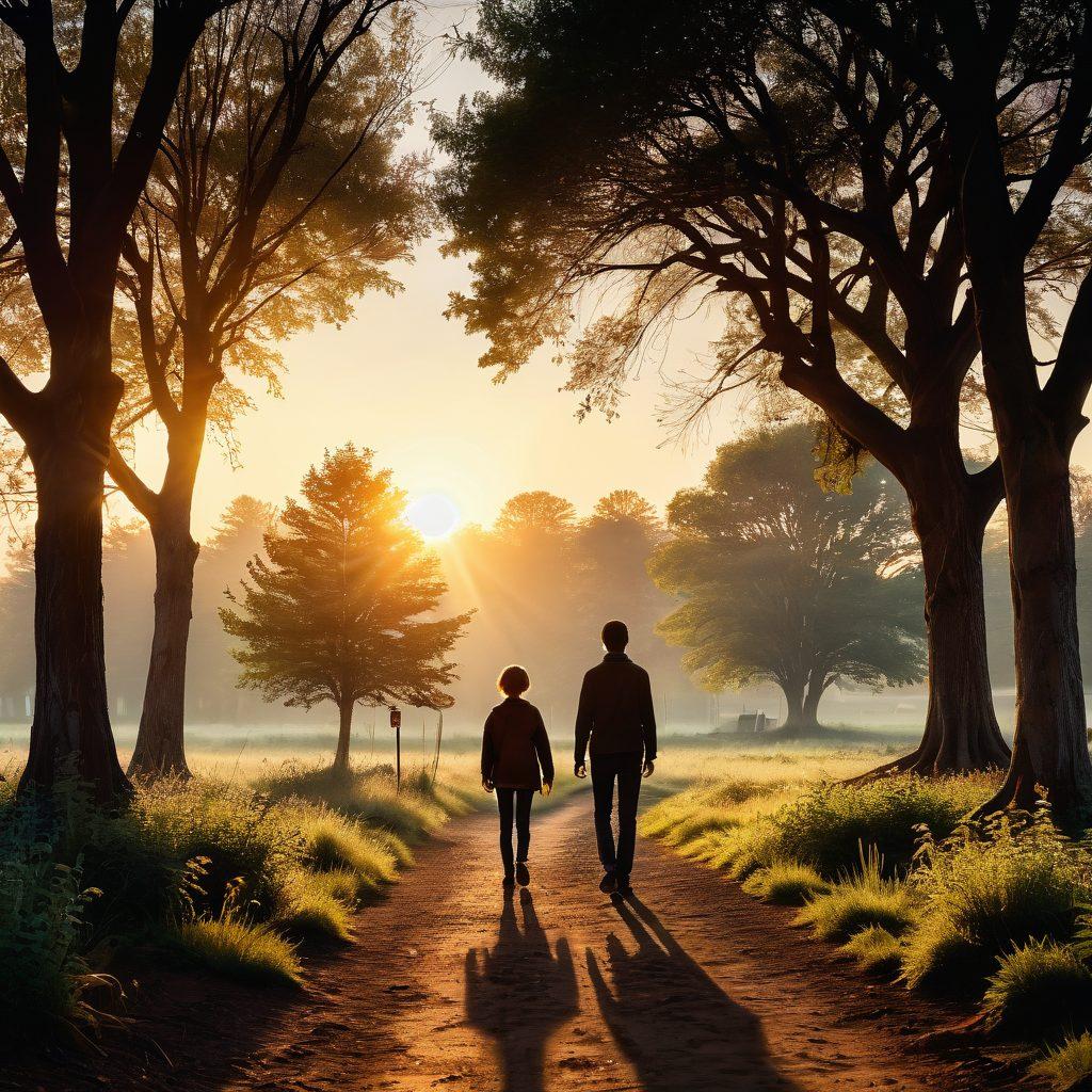 A heartfelt scene of a young person standing at a fork in a sunlit path, looking at a distant figure of a man, symbolizing hope and connection. Surrounding them are elements representing shared memories, like old photographs, family trees, and letters. The backdrop features a gently fading sunset, capturing the essence of nostalgia and longing. warm colors. semi-realistic. vibrant.