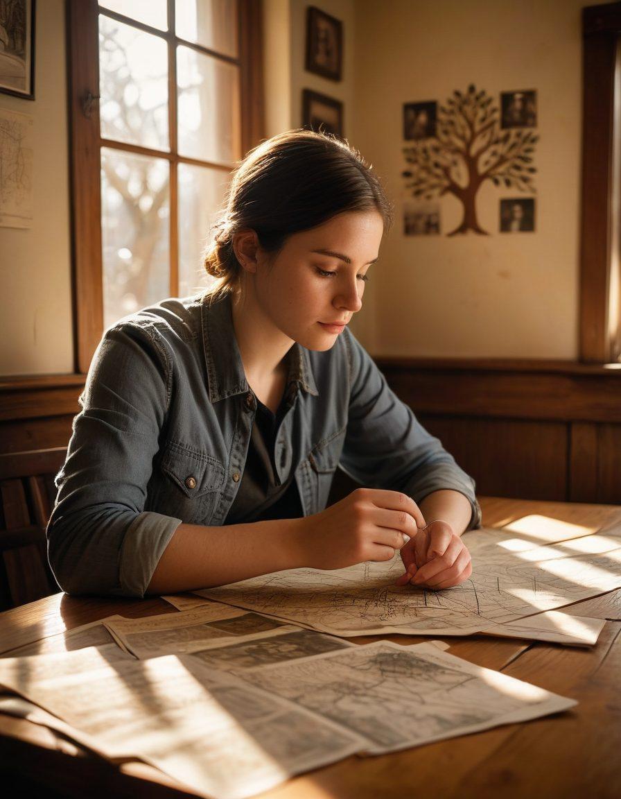 A heartfelt scene of a young adult holding an old photograph of their father, surrounded by family tree sketches and maps tracing bloodlines on a warm wooden table. The background features soft sunlight filtering through a window, symbolizing hope and connection. Emphasize emotions of nostalgia and longing with a cozy atmosphere. super-realistic. warm colors. soft focus.